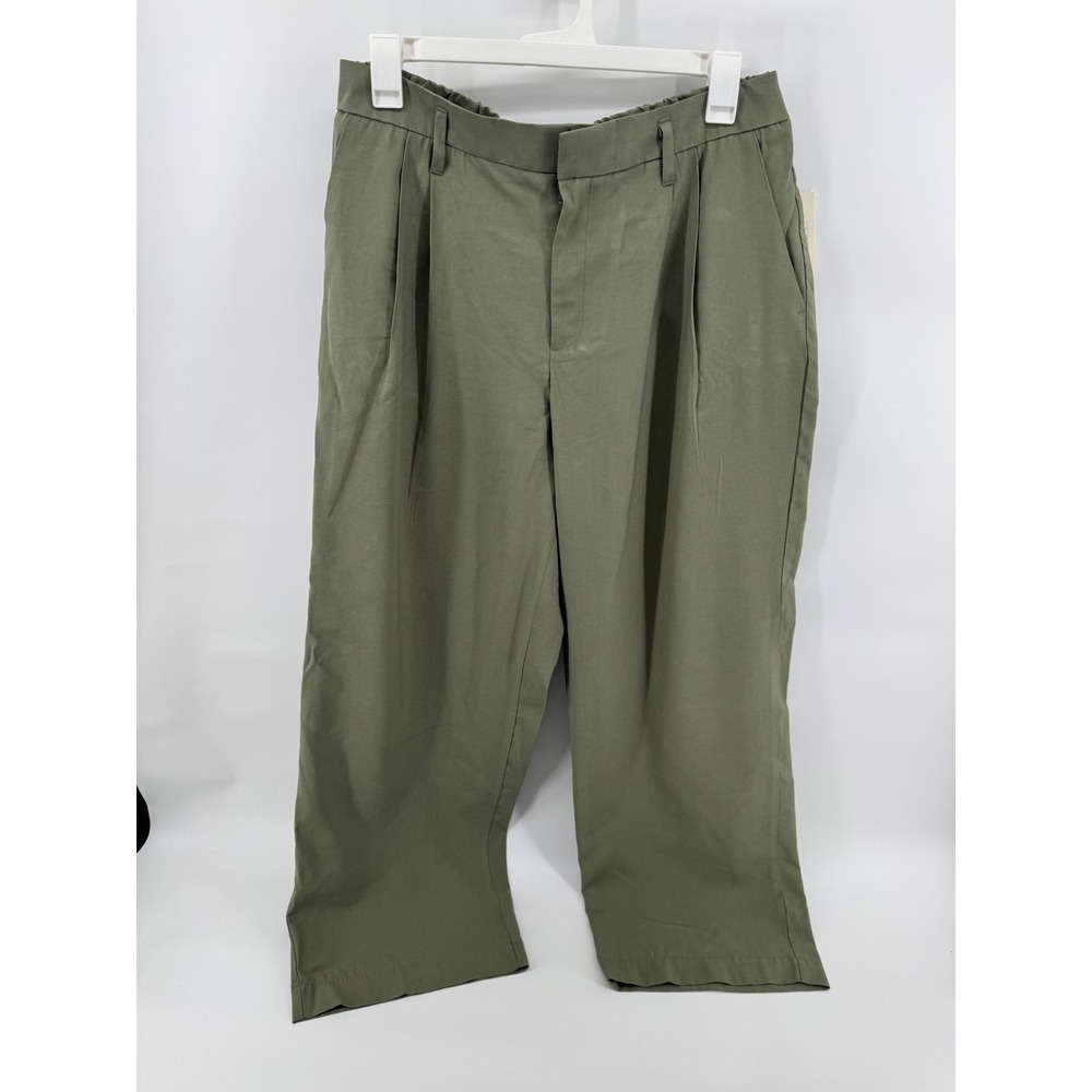 A New Day Olive Green Pleated Wide Leg Cropped Pants Elastic Waist Size 14